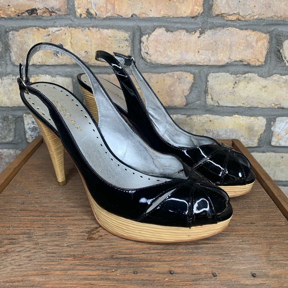 BCBGirls ‘Fritzy’ Black Patent Leather Peep-Toe Heels